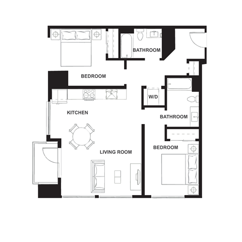 Floor plan for 2 beds, 2 baths, 1033 sqft